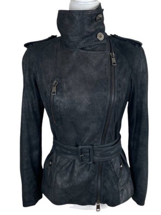 Burberry Jackets & Blazers - Burberry Black Leather Belted High-Collar Jacket